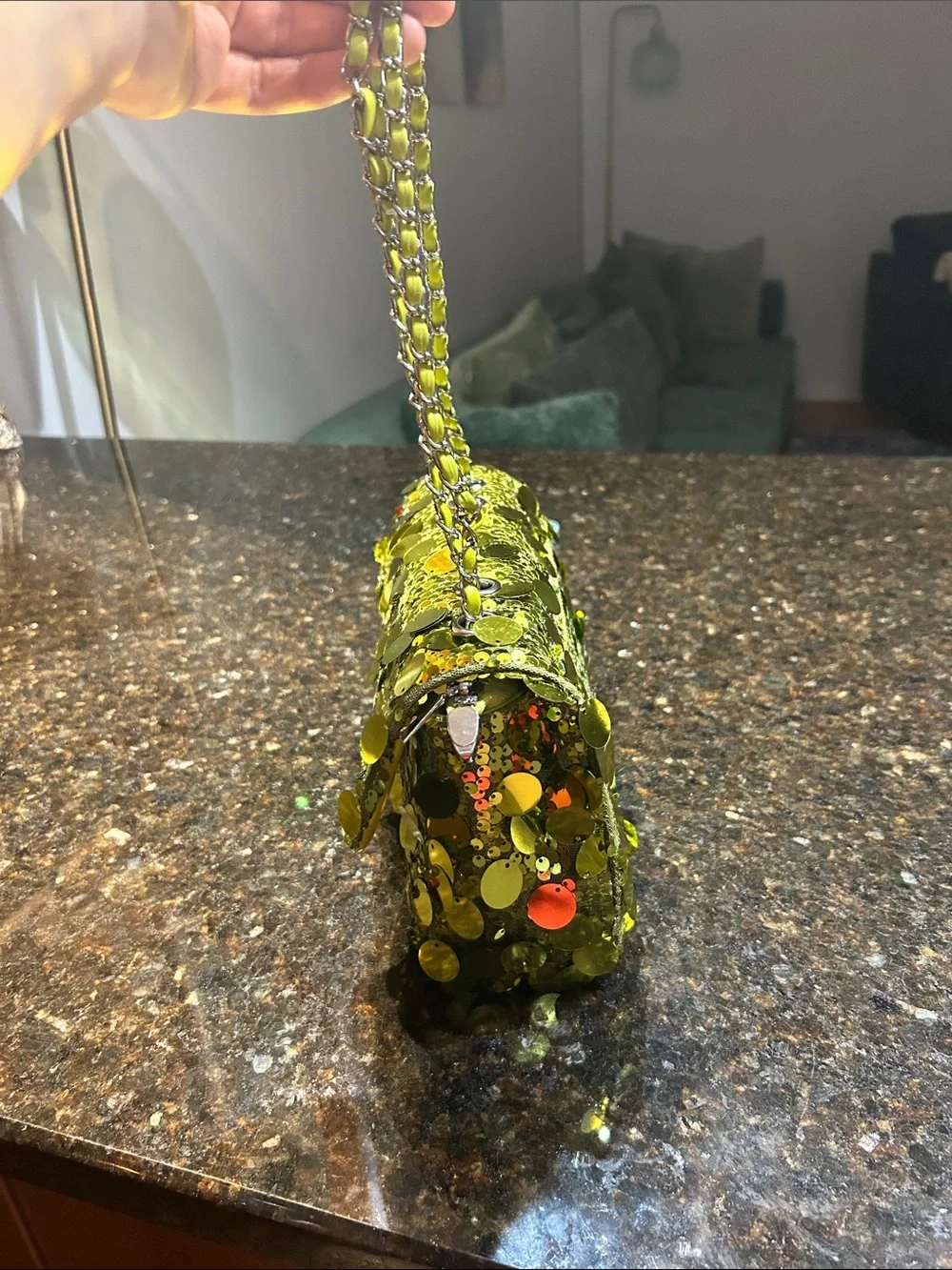 Sequined Green Shoulder Bag with Chain Strap